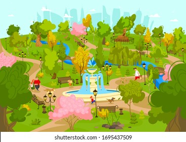 People walking with dogs in summer park, weekend leisure recreation in city nature, vector illustration. Happy family with children walk in large park, summertime outdoor. Kids playing with dog pet