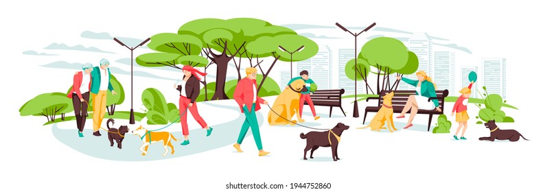 People walking with dogs in urban park. Vector landscape in cartoon style. Urban park with dog and people walk illustration