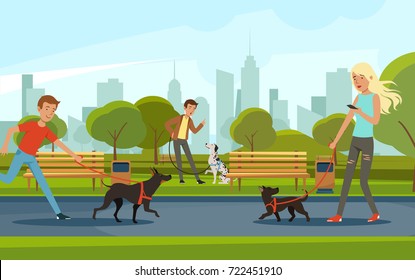 People walking with dogs in urban park. Vector landscape in cartoon style. Urban park with dog and people walk illustration