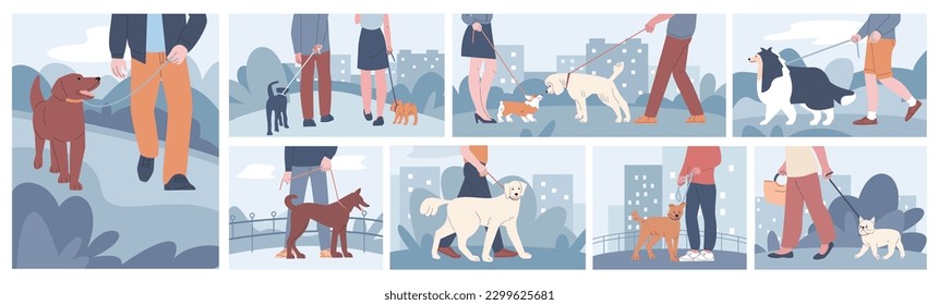 People walking with dogs in urban scenes. Owner with pets walk in city and on nature. Dog walker, outdoor time people and puppy, kicky vector concept