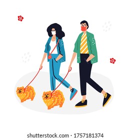 People walking dogs using protective masks. Spitz dogs. Cute hand drawn vector illustration. Personal dog walker concept