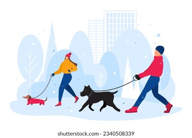 People walking with dogs in a winter city park. Pet owners walk their dogs on a leash. Dog walking month. Animal shelter, adoption, friendship, pet care, dog lovers concet. Flat Vector illustration  