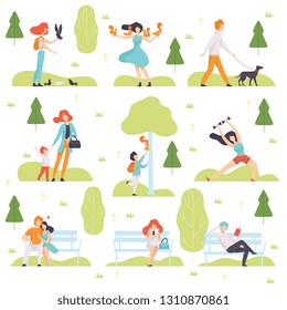 People Walking, Doing Sports, Relaxing in Park, Men and Women Spending Time and Relaxing on Nature, Leisure Outdoor Activities Vector Illustration