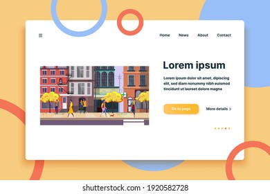 People walking down autumn city street. Citizen, apartment house, fall flat vector illustration. City, leisure real estate concept for banner, website design or landing web page