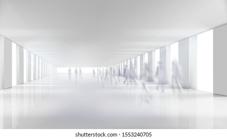 People walking down the shopping gallery corridor. Long hall. Underground passage. Vector illustration.