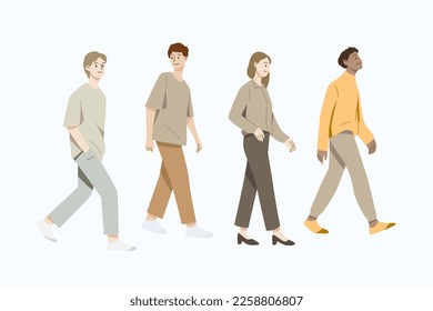 People walking walking down the street in city isolated on white background. Hand draw style. Vector illustration.