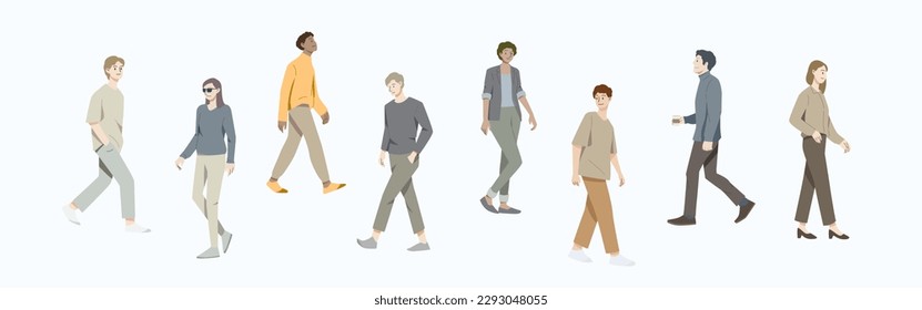 People walking walking down the street in city isolated on white background. Hand draw style. Vector illustration.
