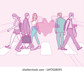 People walking down the street. Men and women looking at each other. hand drawn style vector design illustrations.