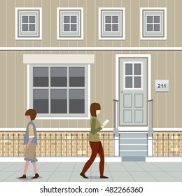 People Walking Down The Street Vector Illustration