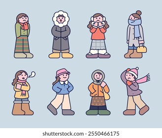 People are walking down the street wearing warm clothes in the cold winter. Cuttiny character with outline.