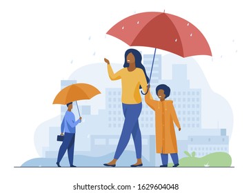 People walking during rain on street colorful flat vector illustration. Mother with child in raincoat walking under red umbrella. Cityscape with skyscrapers and other buildings on background