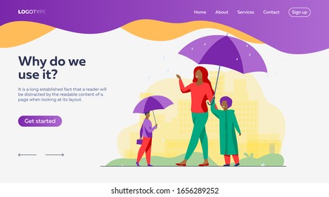 People walking during rain on street colorful flat vector illustration. Mother with child in raincoat walking under red umbrella. Cityscape with skyscrapers and other buildings on background