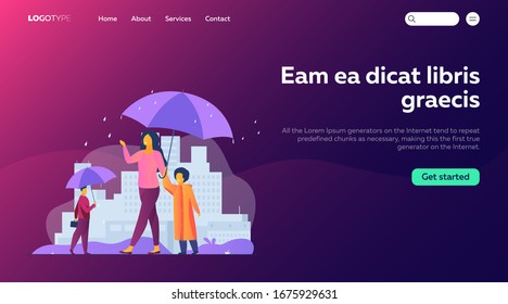 People walking during rain on street colorful flat vector illustration. Mother with child in raincoat walking under red umbrella. Cityscape with skyscrapers and other buildings on background