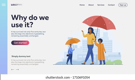 People walking during rain on street colorful flat vector illustration. Mother with child in raincoat walking under red umbrella. Cityscape with skyscrapers and other buildings on background
