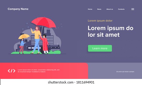 People walking during rain on street colorful flat vector illustration. Mother with child in raincoat walking under red umbrella. Cityscape with skyscrapers and other buildings on background