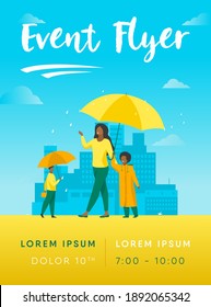 People walking during rain on street colorful flat vector illustration. Mother with child in raincoat walking under red umbrella. Cityscape with skyscrapers and other buildings on background