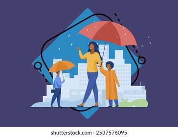 People walking during rain on street colorful flat vector illustration. Mother with child in raincoat walking under red umbrella. Cityscape with skyscrapers and other buildings on background