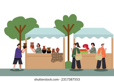 Gente caminando y disfrutando de un mercado callejero con puestos de venta de productos artesanales. Ilustración vectorial.