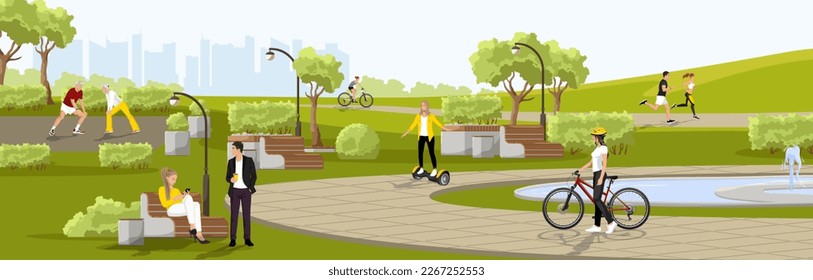 People walking and exercise sport in City Park. Scene weekend in the cityscape. Woman cycling on bicycle. Public place for relax and recreation with green tree and bush. Panoramic vector illustration