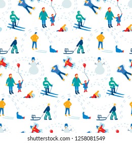 People walking in a field of white snow on Christmas seamless pattern in vector