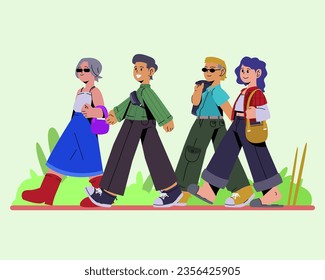 gente caminando con una ilusión llana. ilustración vectorial. grupo de personas caminando juntos.
