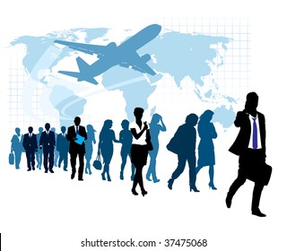 People are walking, flying airplane and world map in the background. The base map is from Central Intelligence Agency Web site.