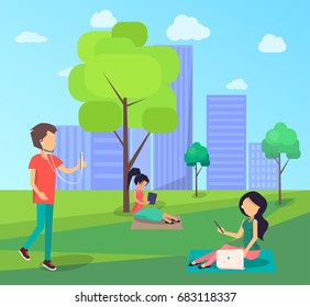 People walking in free wi-fi zone in central city park with modern gadgets, freelancers work and tree with laptop, entertain listening to music