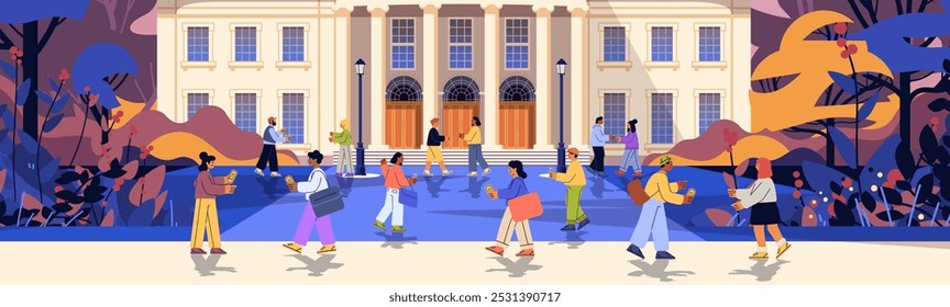 People walking in front of a classical building surrounded by vibrant foliage. Characters holding food and drinks engage in casual activities