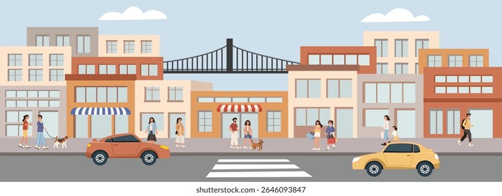 People walking in front of store. People walking at sidewalk. Store around big street. Urban building.