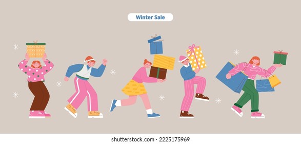 People are walking happily carrying gift boxes and shopping bags. flat vector illustration.