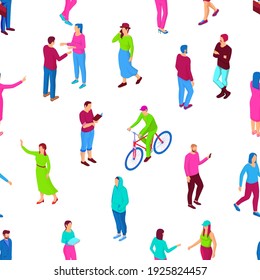 People walking and having fun isometric seamless pattern. Male character in green uniform rides bike hipsters in red sweater and blue pants talk about vector matters