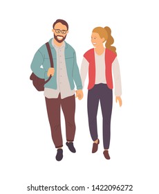 People walking holding hands vector, man and woman wearing stylish clothes, urban style, bearded man with handbag talking male and female, couple