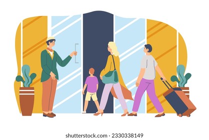 People walking in hotel building, welcomed by concierge or porter. Tourists staying in hostel, luxury accommodation and dwelling for vacation and holidays. Man and woman with kid. Vector in flat style