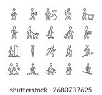 People Walking, icon set. Human figures in motion: walking, running, entering, shopping, carrying bags, with luggage, with dog, hiking, skateboarding, stairs, daily activity. Line with editable stroke