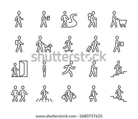 People Walking, icon set. Human figures in motion: walking, running, entering, shopping, carrying bags, with luggage, with dog, hiking, skateboarding, stairs, daily activity. Line with editable stroke
