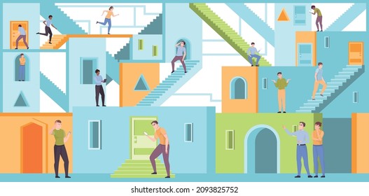 People walking inside maze with doors windows stairs and colorful walls flat vector illustration