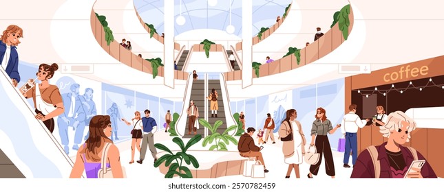 People walking inside modern shopping mall panorama. Customers are in retail store hall, on stairs, escalator. Interior of department in commerce center, plaza, supermarket. Flat vector illustration