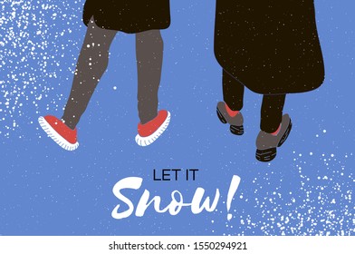 People walking. Let it snow card with snowflakes on blue background. Merry Christmas happy new year winter illustration.