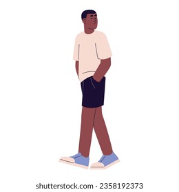 People walking in loneliness. Young black man wearing oversize clothing strolling with hands in pockets. Boy in casual outfit. Person in look in urban style. Flat isolated vector illustration on white