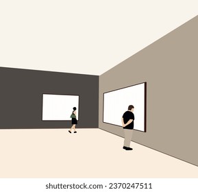 People walking and looking blank white wall mockup in modern gallery. Display artwork presentation in museum with contemporary art exhibitions.