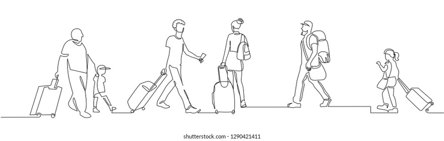 People Walking With Luggage Continuous One Line Vector Drawing. Tourists In Airport Hand Drawn Characters. Female And Male Silhouettes With Baggage, Handbags. Minimalistic Contour Illustration