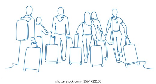 People Walking With Luggage Continuous One Line Vector Drawing. Tourists In Airport Hand Drawn Characters. Female And Male Silhouettes With Baggage, Handbags. Minimalistic Contour Illustration