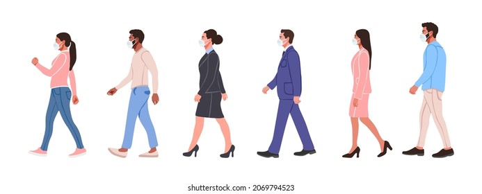 People. People walking in medical masks. People drawn in a flat cartoon style. Vector illustration