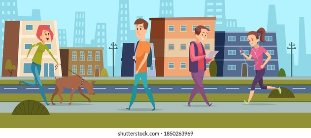 People Walking. Men Women On Street, Peace And Kind In City. Cartoon Girl Running, Female Walk With Dog Guy Reading Vector Illustration