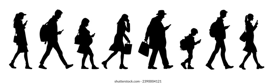 People walking with a mobile phone, people with smartphone silhouette, man walking looking at cell phone silhouette