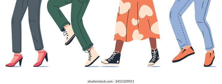 People Walking in Modern Shoes. Set of Various Female and Male Shoes with Feet. Boots, Sneakers, Heels. Girl and Boy Footwear. Different Woman and Man Shoes. Cartoon Flat Vector Illustration