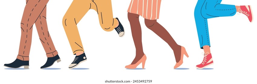 People Walking in Modern Shoes. Set of Various Female and Male Shoes with Feet. Boots, Sneakers, Heels. Girl and Boy Footwear. Different Woman and Man Shoes. Cartoon Flat Vector Illustration