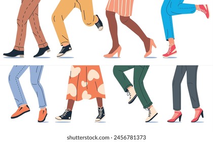 People Walking in Modern Shoes. Set of Various Female and Male Shoes with Feet. Boots, Sneakers, Heels. Girl and Boy Footwear. Different Woman and Man Shoes. Cartoon Flat Vector Illustration