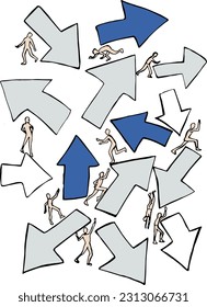 People walking in multiple directions. Composition with arrows indicating directions.