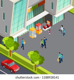 People walking near shopping centre with various game machines 3d isometric vector illustration
